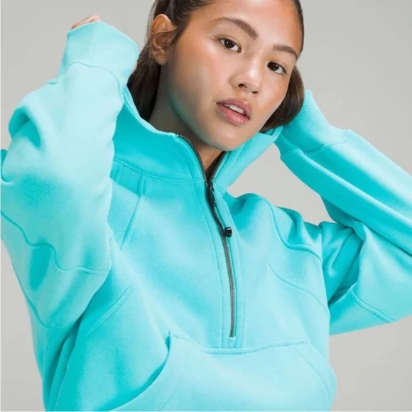 Lululemon Oversized 1/2 Zip Scuba Hoodie in 'Electric Turquoise' (M/L) *Stain* - Picture 5 of 14